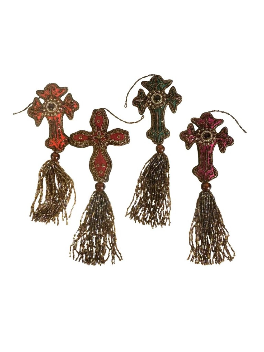 Set Of 4 Beaded Cloth Cross Ornaments With Tassels Embroidered Details